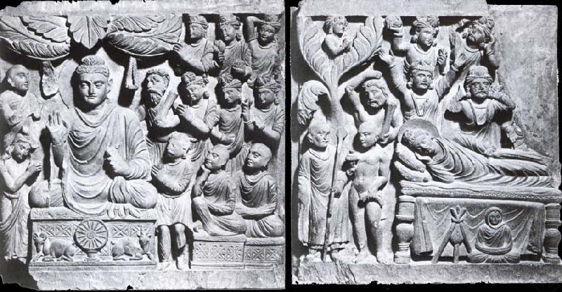 unknow artist Relief from Gandhara with the-first preaching in first preaching in the deer camp-and the death of Buddha, Kushana. china oil painting image